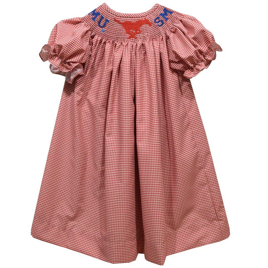 Vive La Fete SMU Mustangs Smocked Red Gingham Bishop Dress