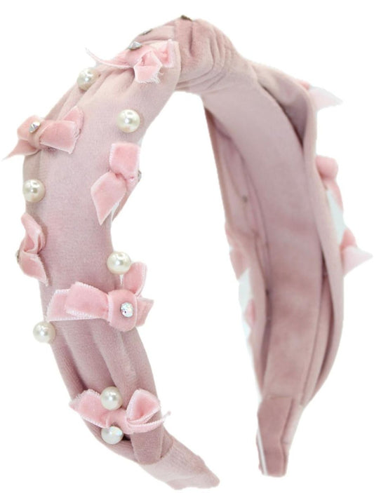 Bari Lynn Pink Velvet Multi Bow Pearl Knot Headband