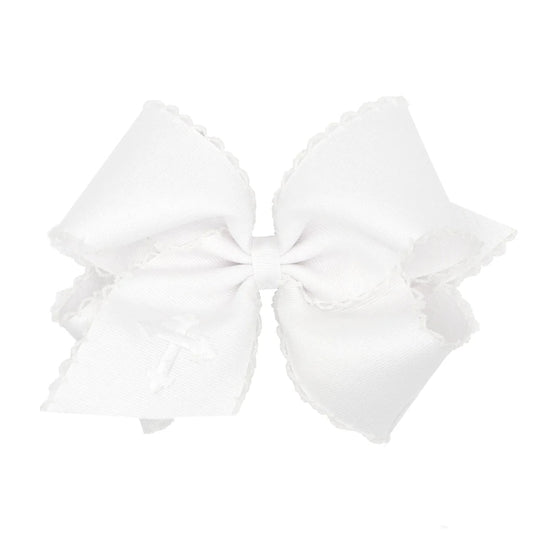 Wee Ones King White Grosgrain Hair Bow with Moonstitch Edge and Cross Embroidery