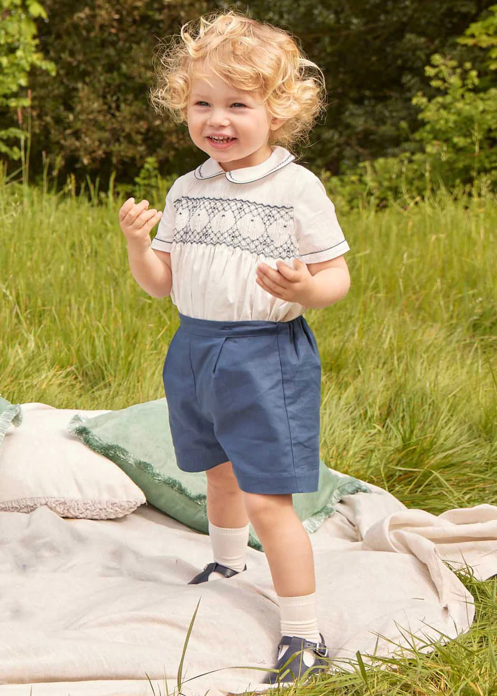 Hand Smocked Short Sleeve Two Piece Set in Royal Blue