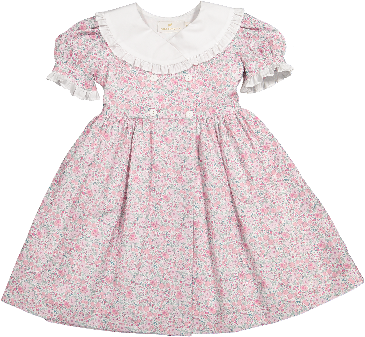 Pink Ditsy Floral Dress for little girls made by Sal and Pimenta. 