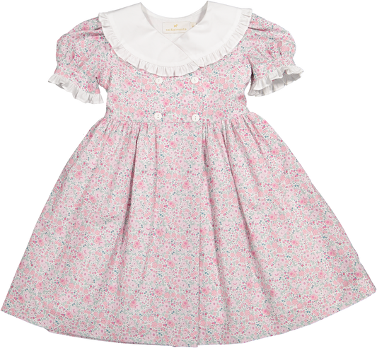 Pink Ditsy Floral Dress for little girls made by Sal and Pimenta. 
