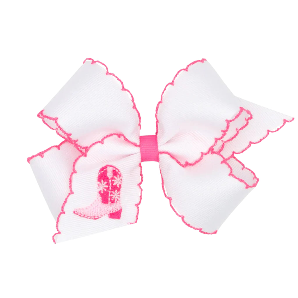 Wee Ones Medium Grosgrain Hair Bow With Moonstitch Edge- Hot Pink Cowgirl Boot