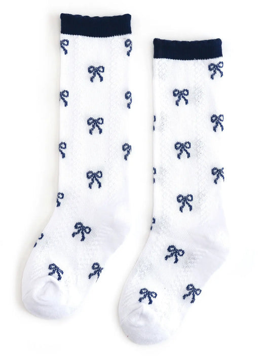 Navy Bow Scalloped Knee High Socks