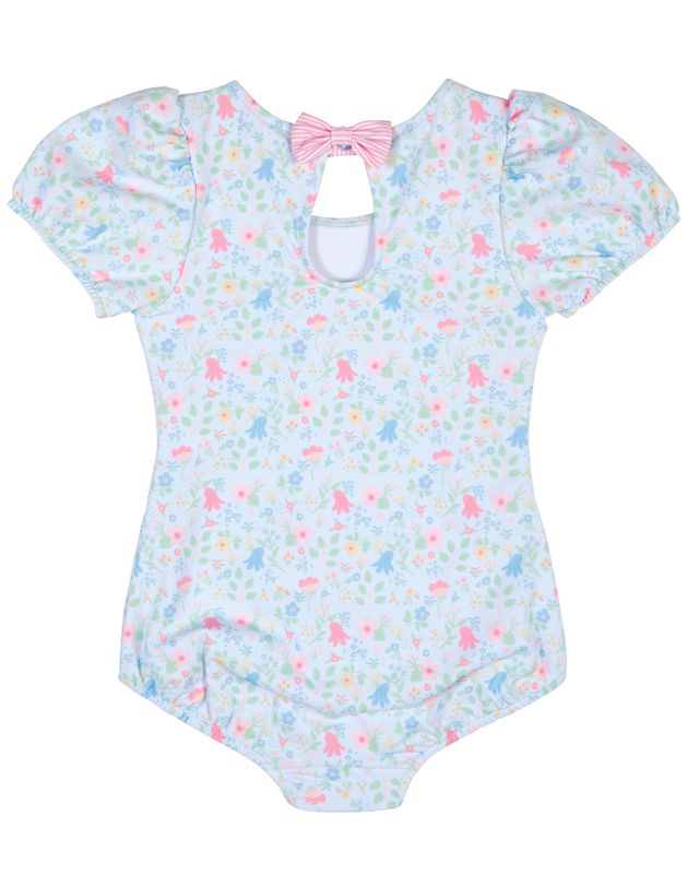 Floral Pink Swimsuit With Puff Sleeves