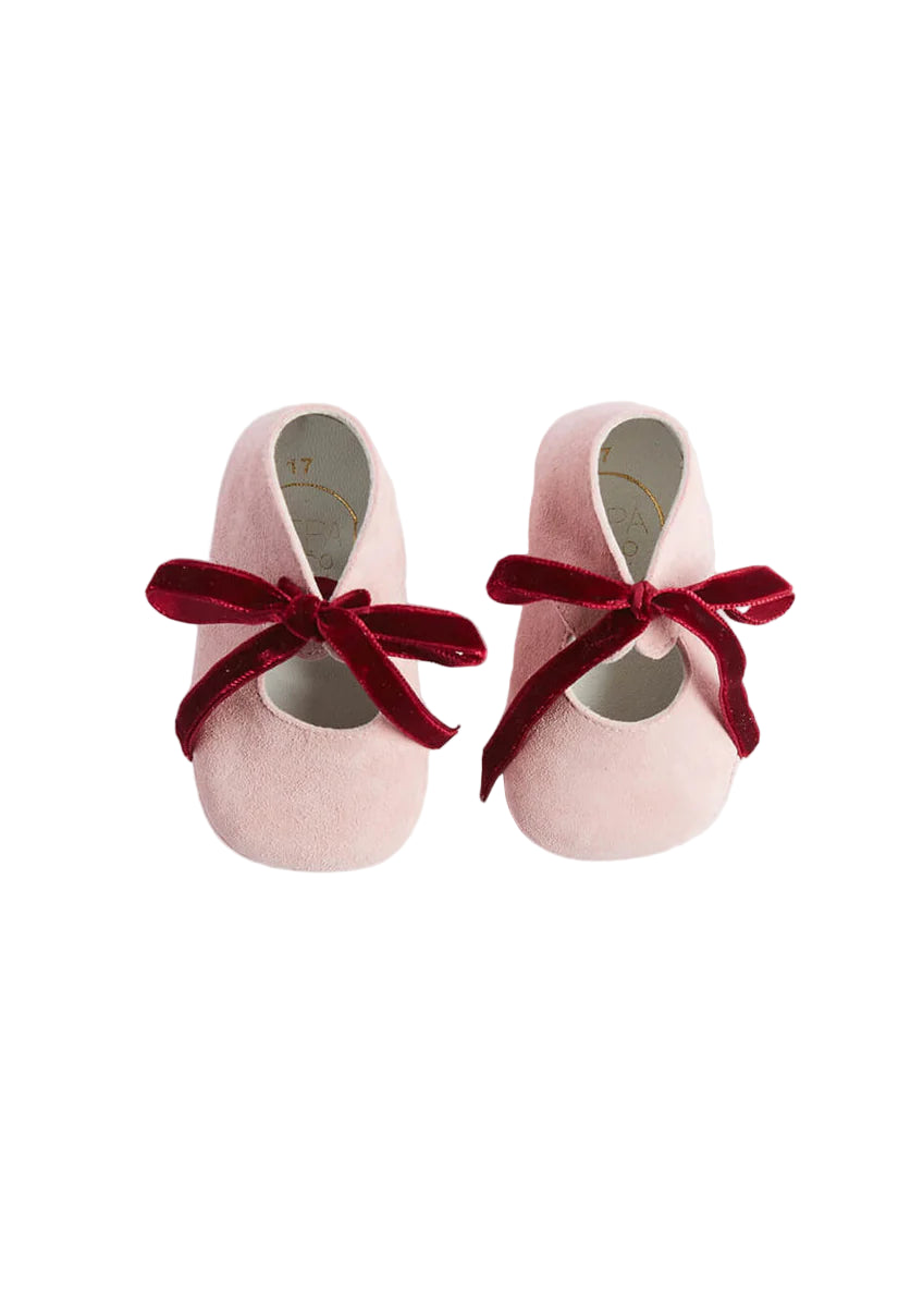 Suede Pink Baby Pram Shoes with Velvet Ribbon