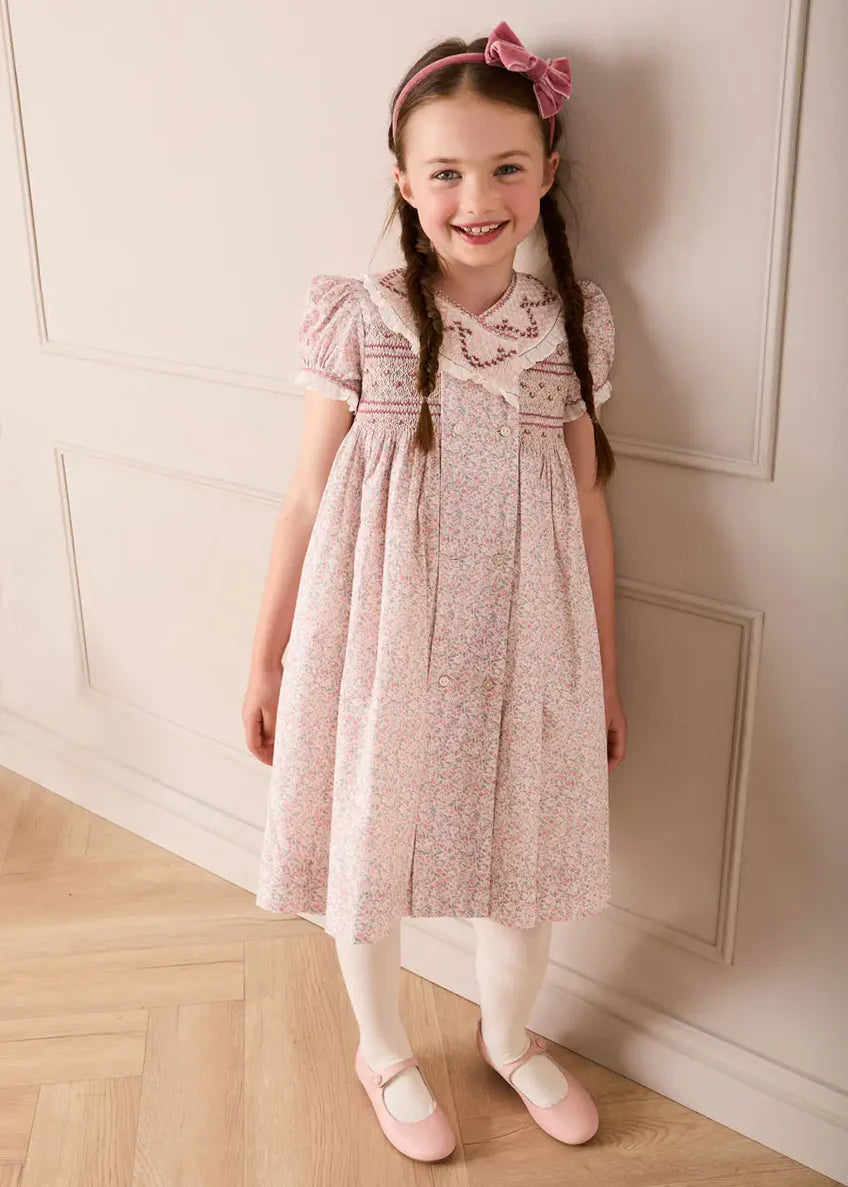 Adelaide Floral Double Breasted Embroidered Long Sleeve Dress in Pink