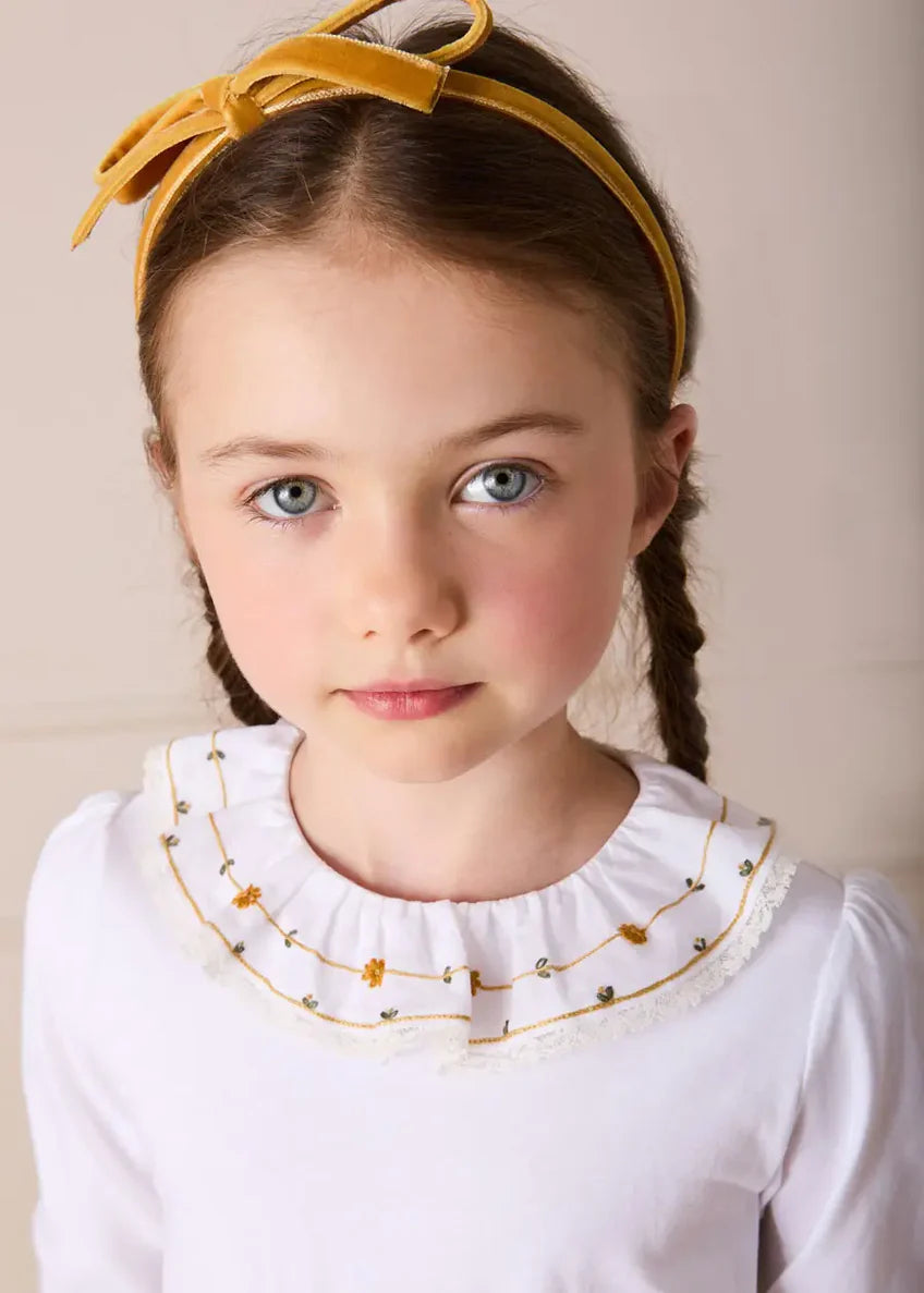 Floral Embroidered Collar With Lace Trim Top in Cream