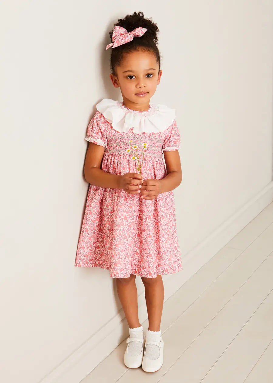 Emilia Floral Hand Smocked Ruffle Collar Dress