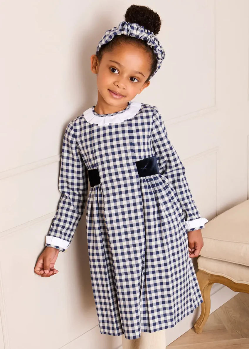 Draycott Check Long Sleeve Velvet Bow Dress in Blue
