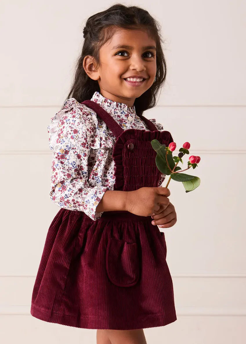 Louisa Floral Ruffle Trim Long Sleeve Blouse in Burgundy