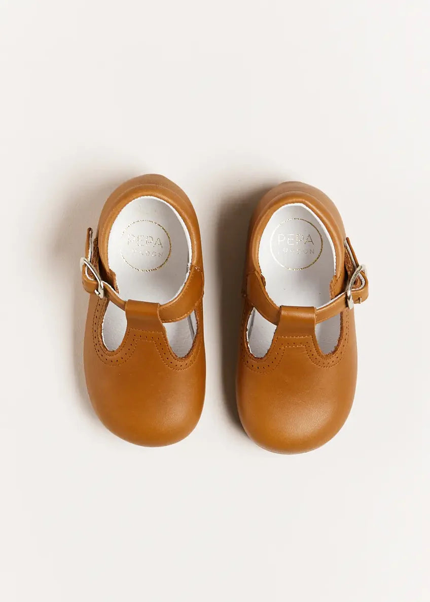 Leather T-Bar Baby Shoes in Brown