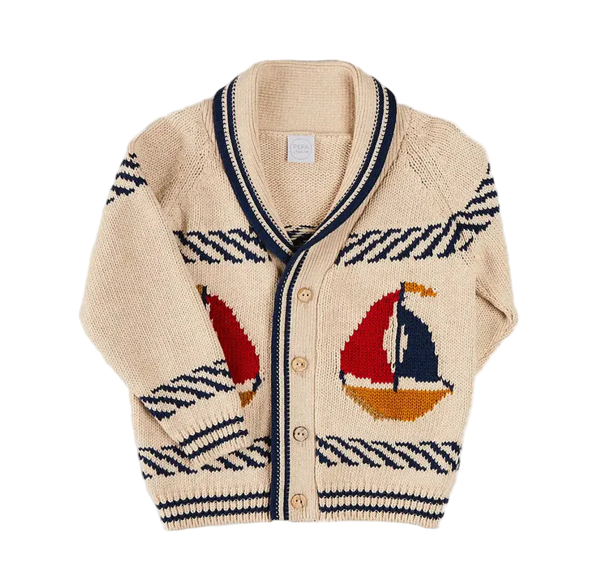 Pepa London Boat Motif Shawl Neck Nautical Cardigan in Beige