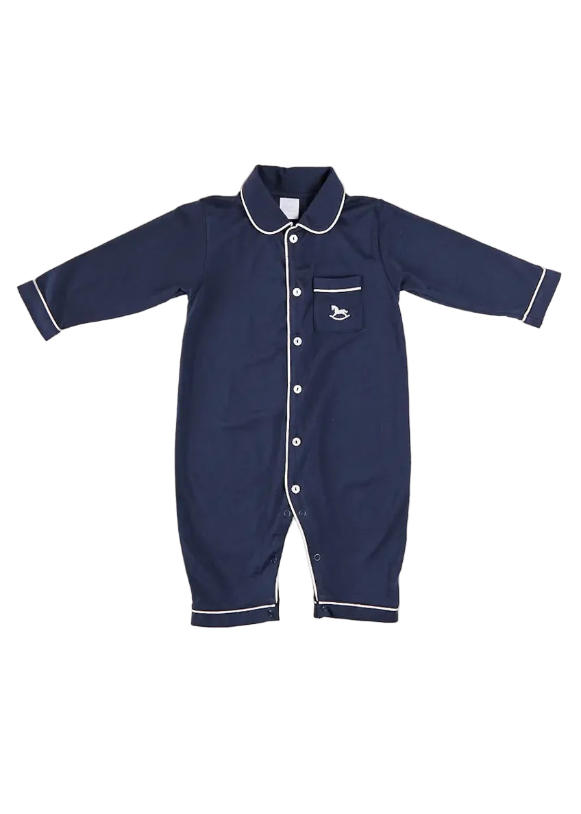 Rocking Horse Embroidered Pima Cotton All In One Pyjamas in Navy