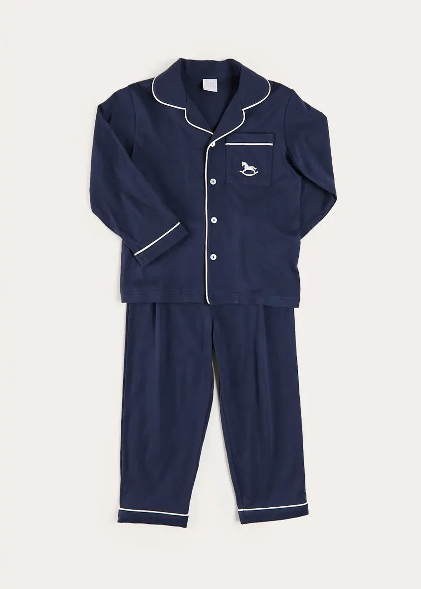 Rocking Horse Embroidered Pocket Detail Long Sleeve Pyjamas in Navy
