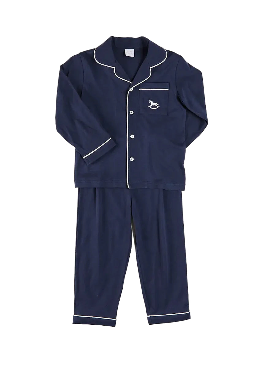 Rocking Horse Embroidered Pocket Detail Long Sleeve Pyjamas in Navy