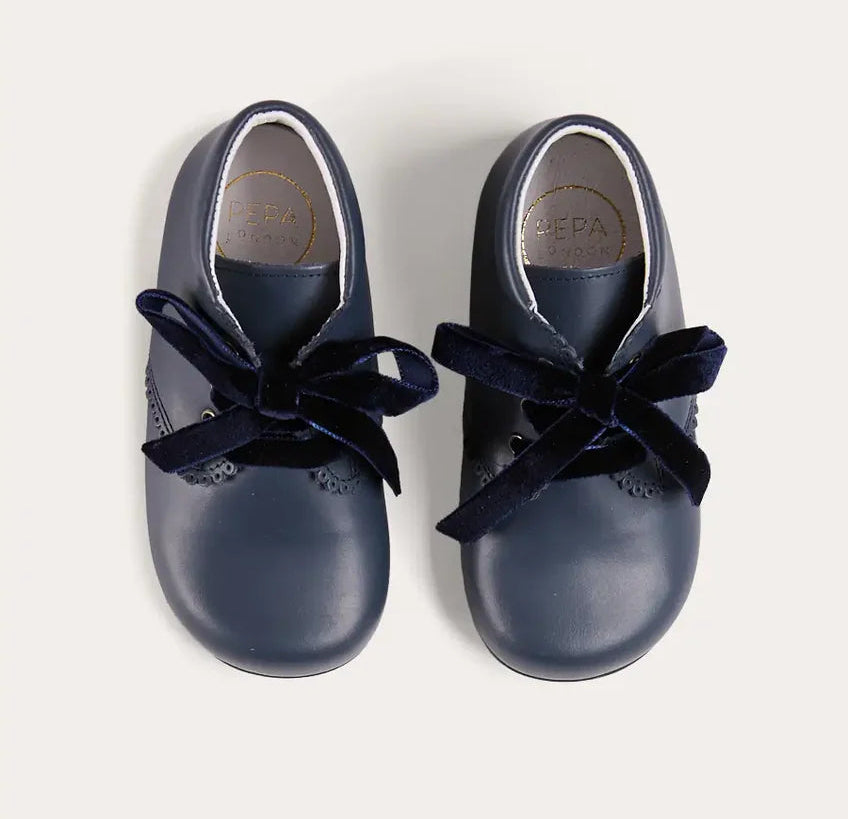 Pepa London Leather Velvet Ribbon Lace Up Booties in Navy