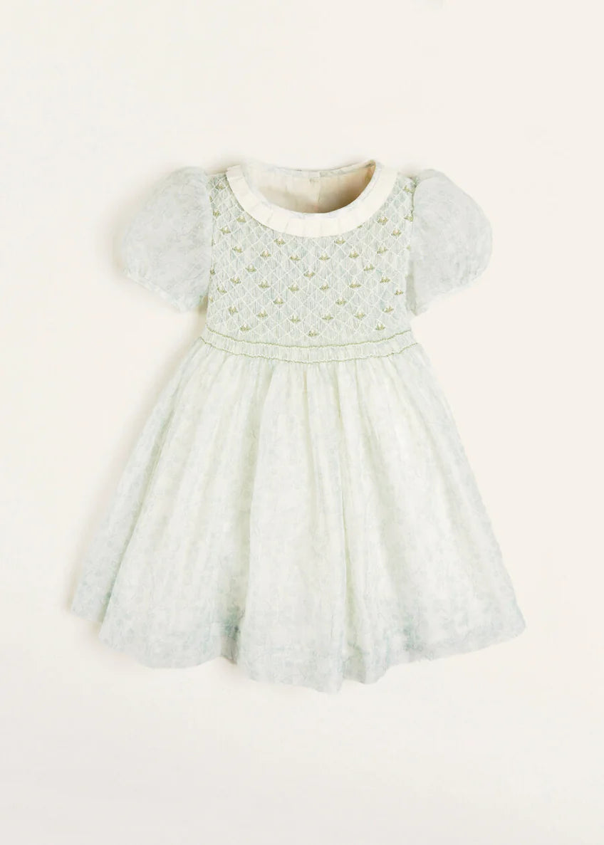Constance Floral Print Hand Smocked Short Sleeve Party Dress in Light Green