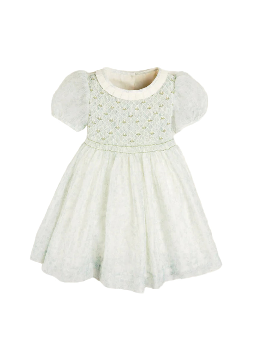 Constance Floral Print Hand Smocked Short Sleeve Party Dress in Light Green