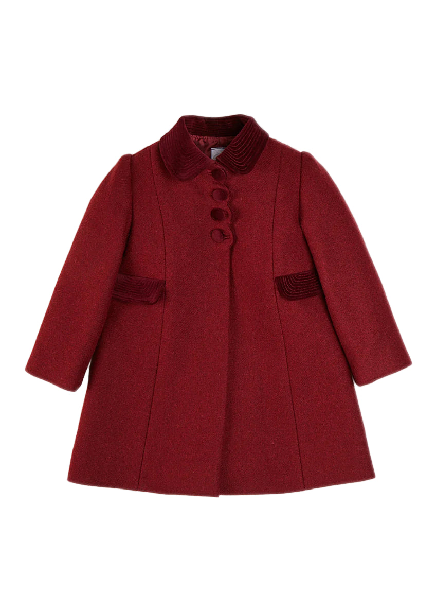 Single Breasted Scallop Detail Coat In Burgundy