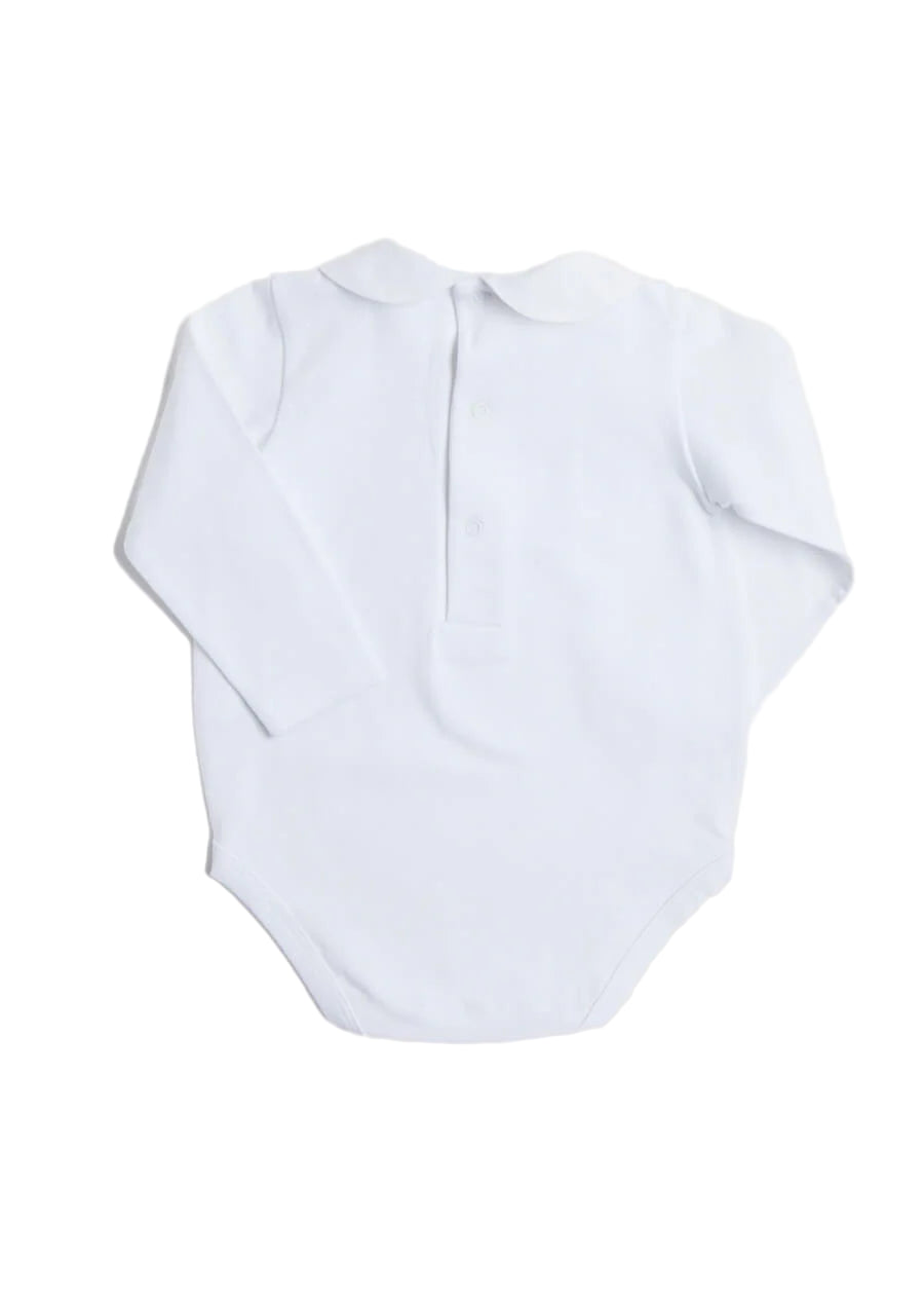 Pepa London White Peter Pan Collar Long Sleeve Pleated Bib Bodysuit