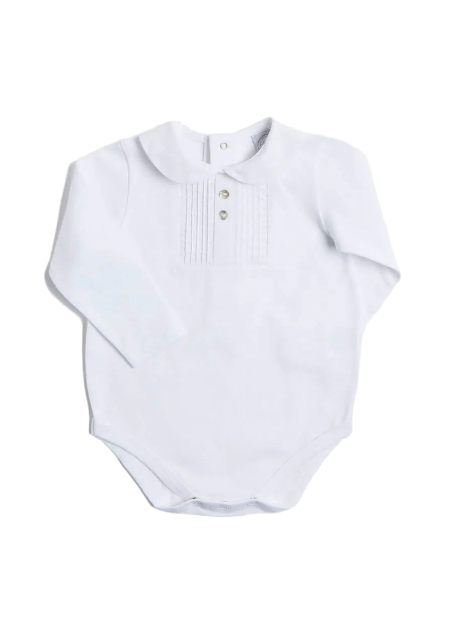 Pepa London White Peter Pan Collar Long Sleeve Pleated Bib Bodysuit