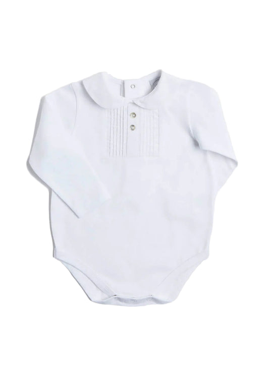 Pepa London White Peter Pan Collar Long Sleeve Pleated Bib Bodysuit