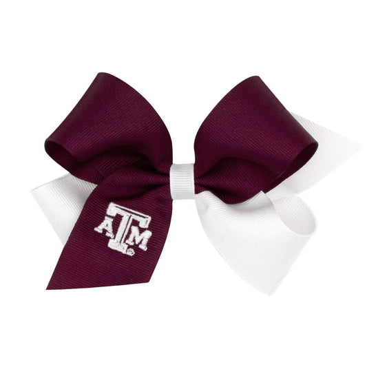 Wee Ones Medium Two Tone Collegiate Embroidered Grosgrain Hair Bow- Texas A&M