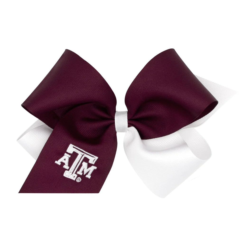 Wee Ones King Two Tone Collegiate Embroidered Grosgrain Hair Bow- Texas A&M
