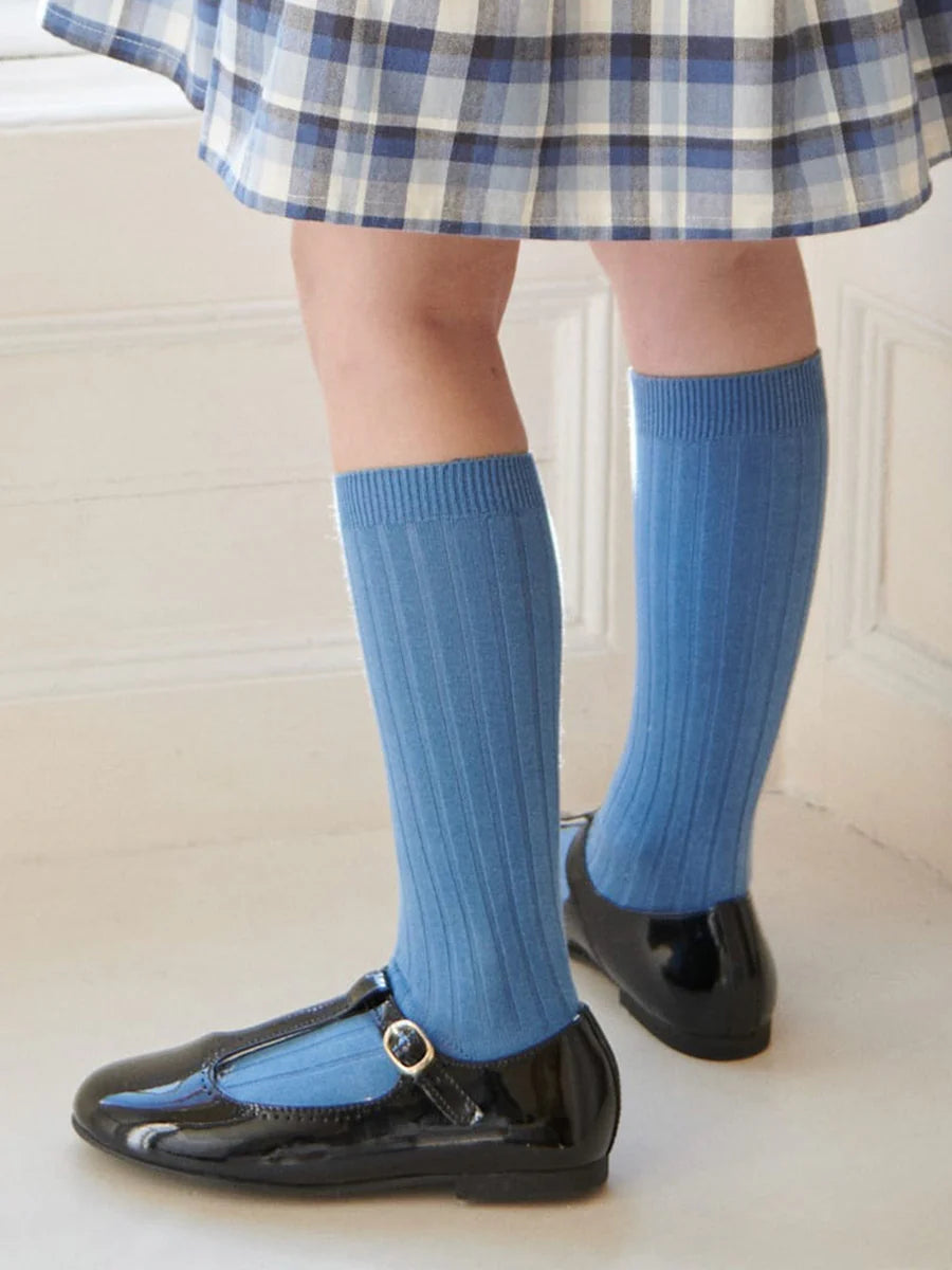La Coqueta Ribbed Knee High Kids Socks - Dusty Blue