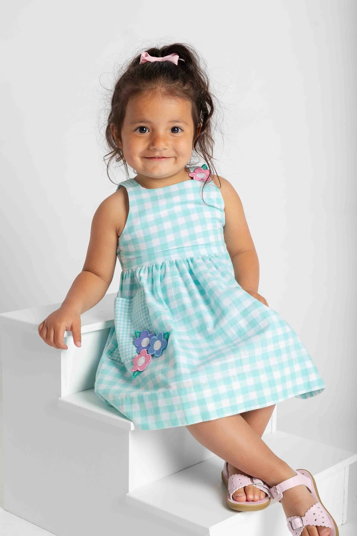 Gingham Linen Look Dress With Flowers