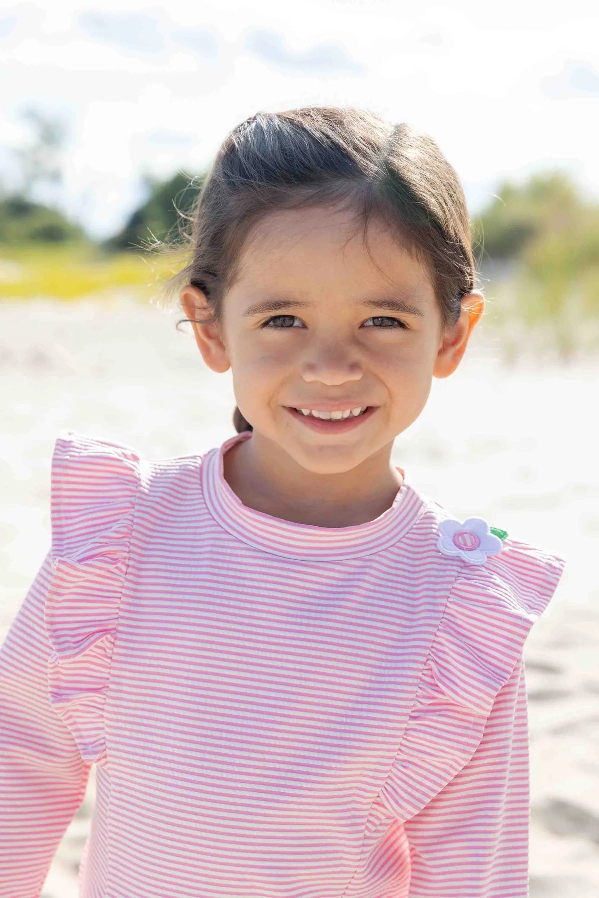 Stripe Seersucker Rash Guard Swimsuit With Flower