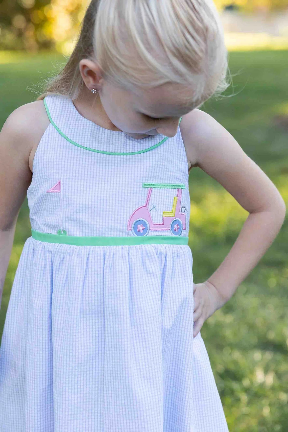 Check Seersucker Dress With Golf Cart