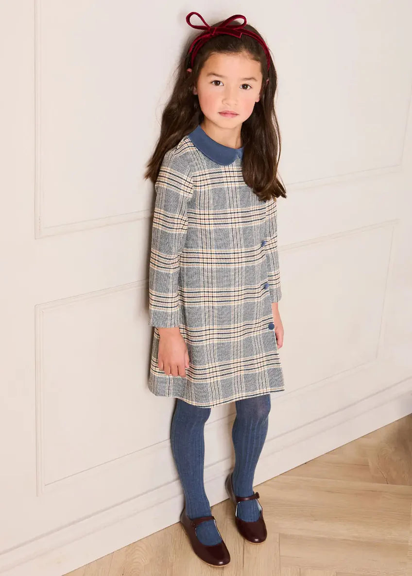 Walcott Check Long Sleeve Velvet Collar Dress in Navy