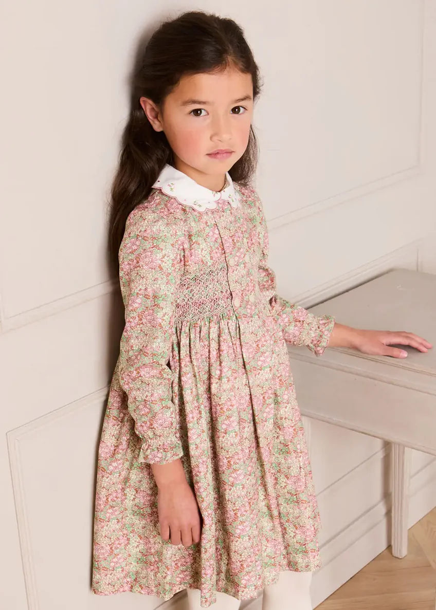 Viola Floral Hand Smocked Double Breasted Embroidered Collar Dress in Green