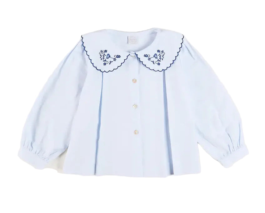 Pepa London Floral Embroidered Collar Oxford Blouse in Blue