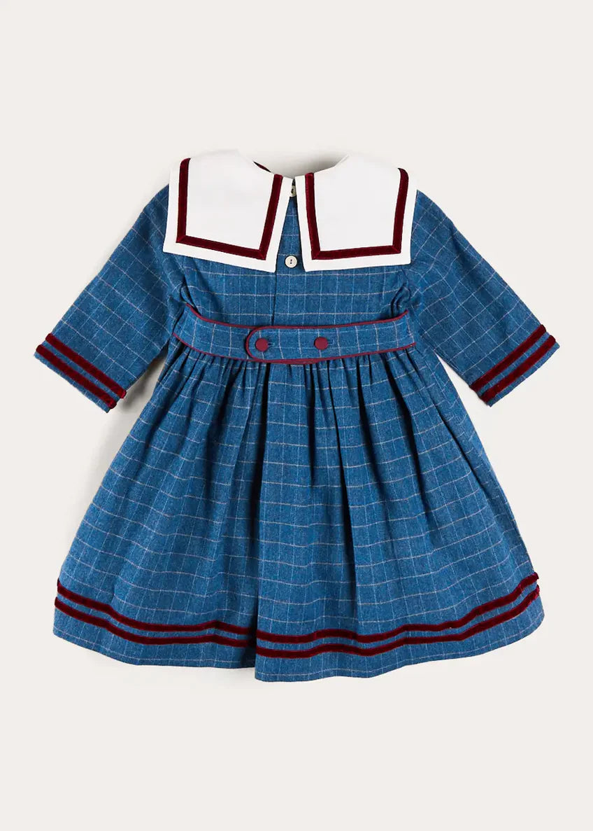 Moreton Check Mariner Collar Velvet Detail Dress in Blue