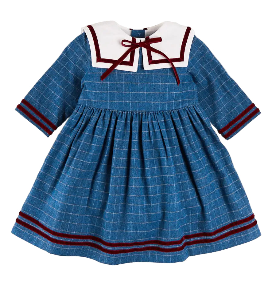 Moreton Check Mariner Collar Velvet Detail Dress in Blue