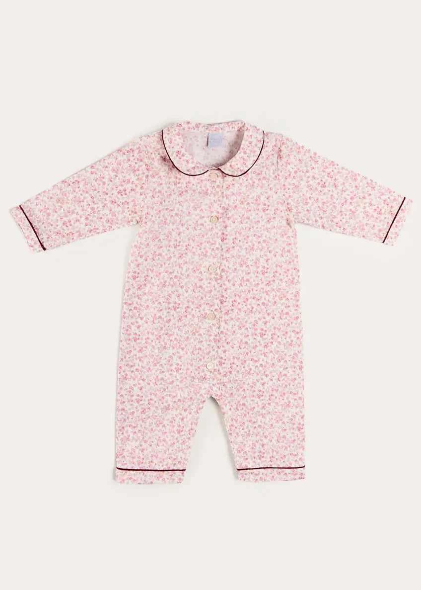 Jane Floral Long Sleeve All In One Pyjamas with Burgundy Piping in Pink
