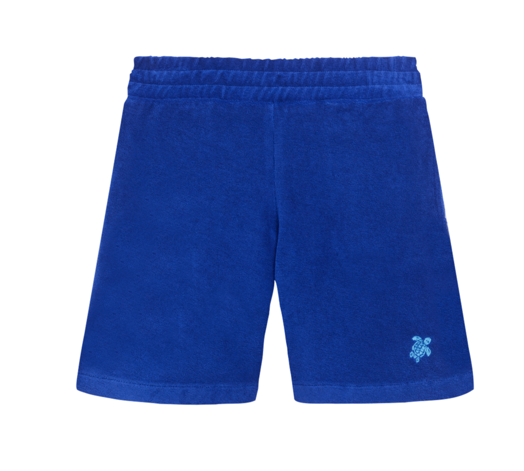 Embroidered Turtle Terry Bermuda Shorts- Blue