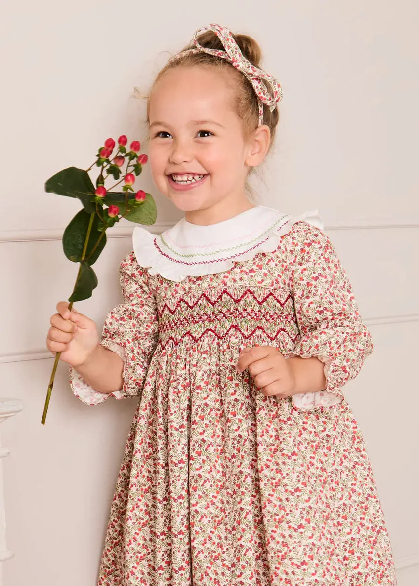 Evelyn Floral Hand Smocked Embroidered Collar Long Sleeve Dress in Pink