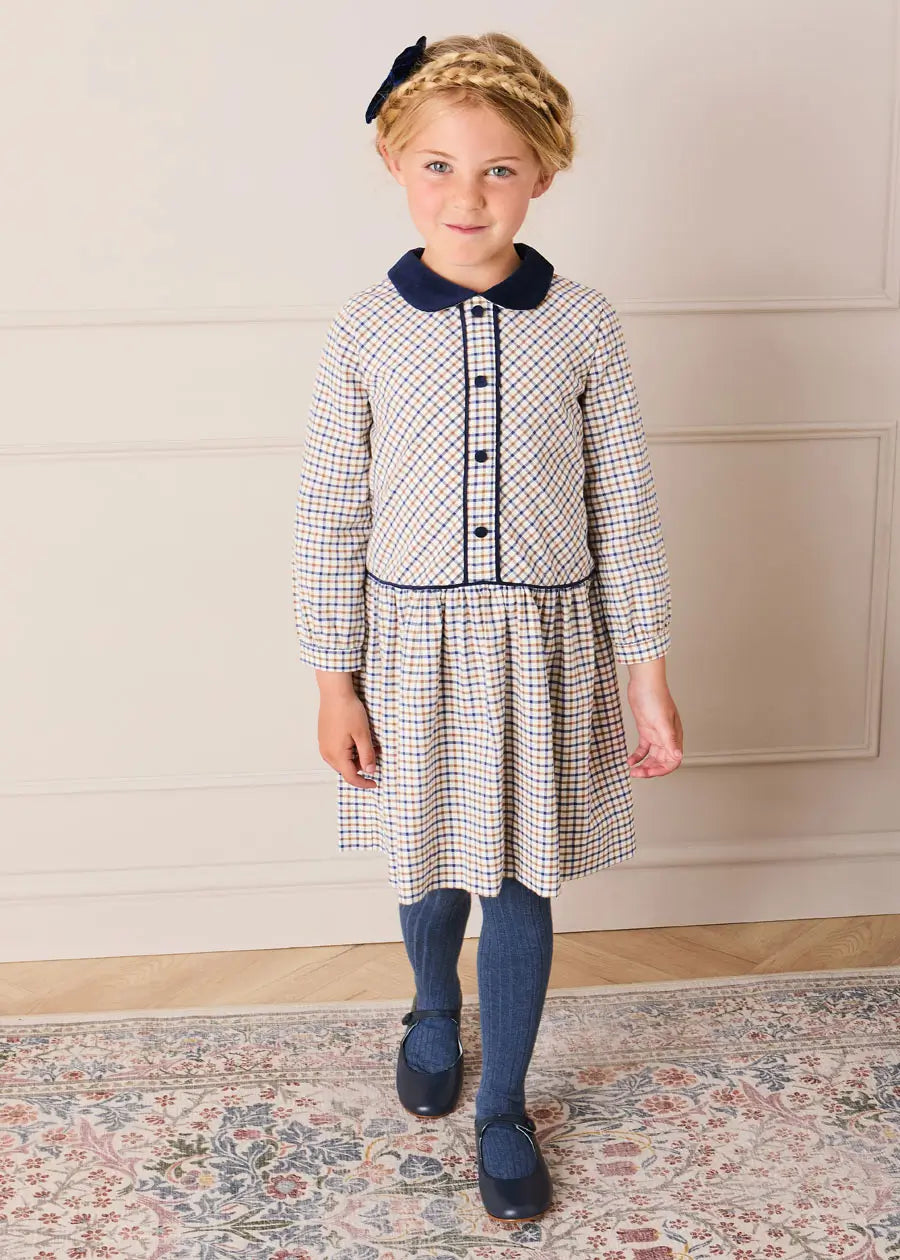 Pepa London Thirleby Check Velvet Collar Button Detail Long Sleeve Dress in Camel