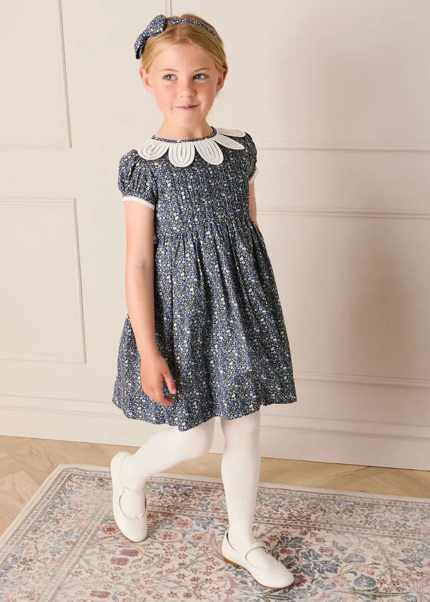 Pepa London Lydia Floral Petal Collar Short Sleeve Bow Detail Dress in Blue