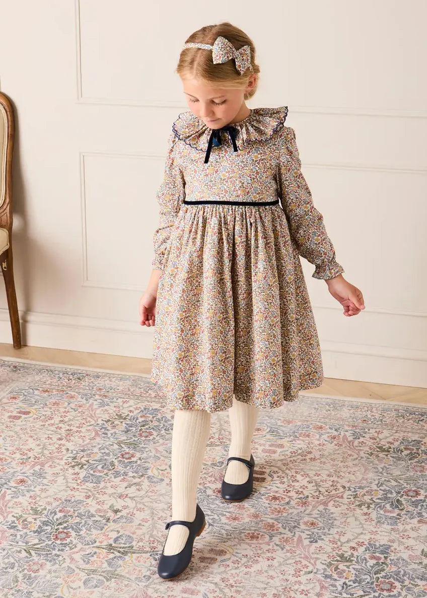 Marianne Floral Long Sleeve Velvet Bow Dress in Toffee Made with Liberty Fabric