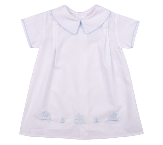 White Day Gown with Embroidered Sailboats