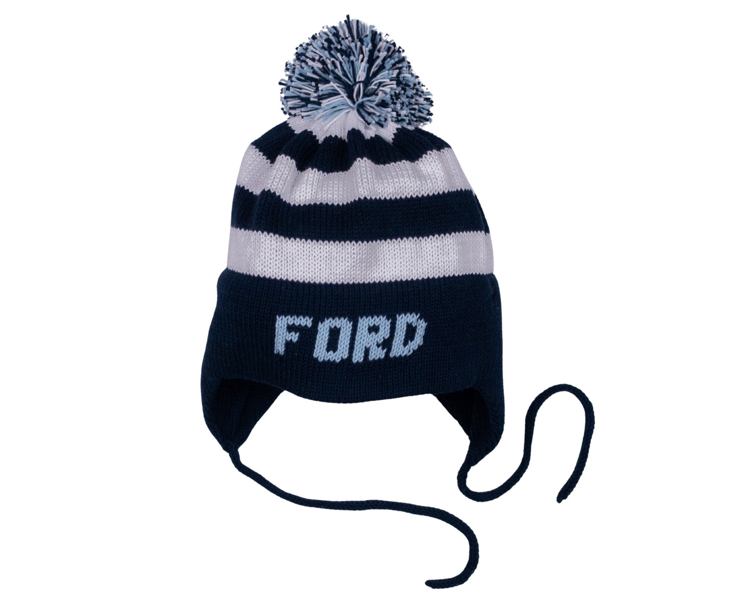 MJK Knits Stripe Earflap Hat- Navy and White