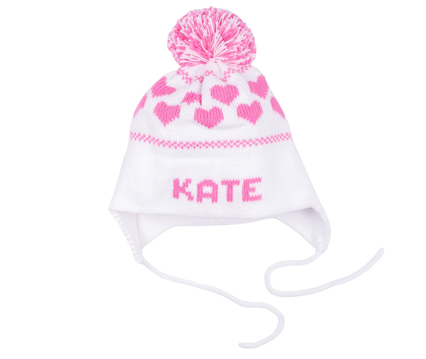 MJK Knits Hearts Earflap Hat- White and Bright Pink