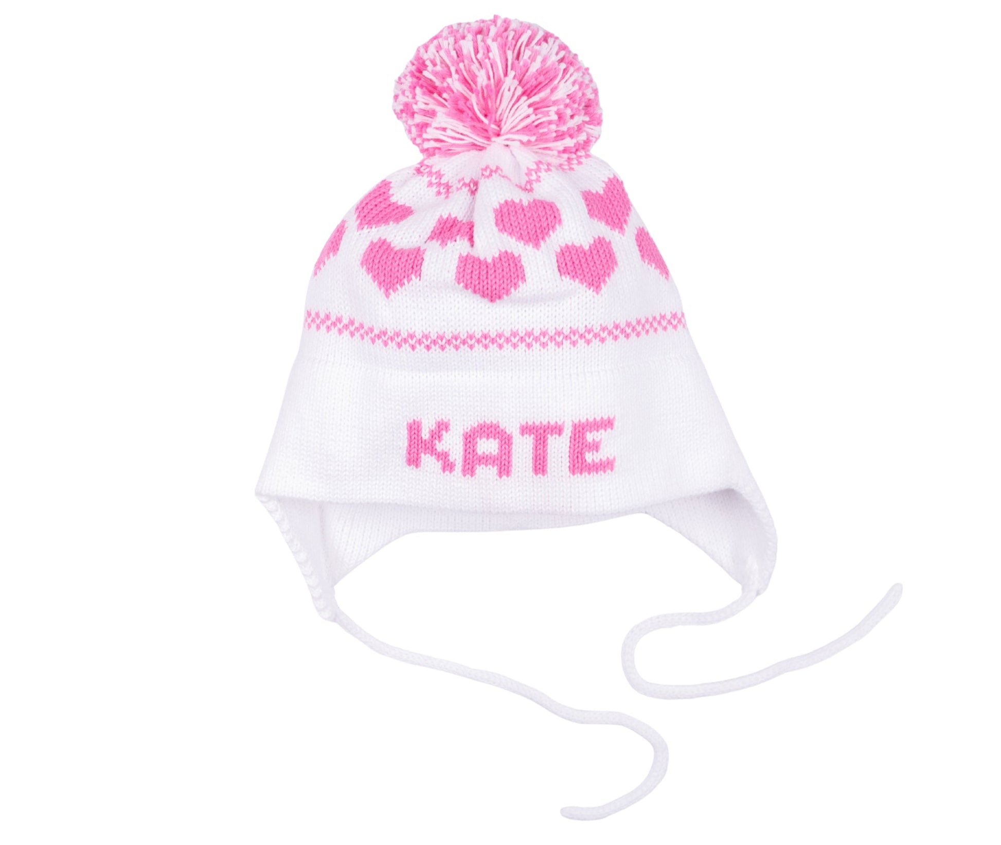 MJK Knits Hearts Earflap Hat- White and Bright Pink