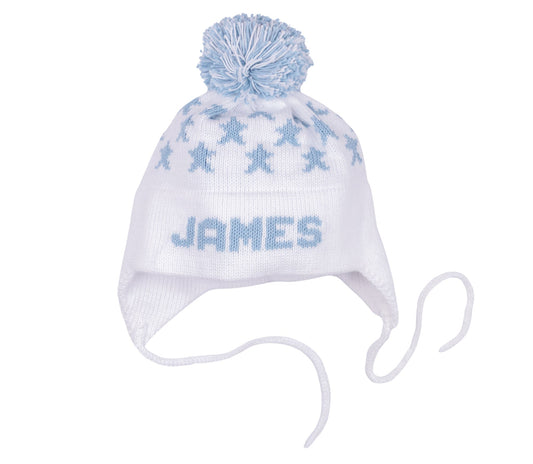 MJK Knits Star Earflap Hat- White and Light Blue