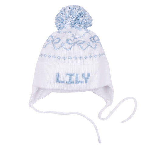 MJK Knits Bow Earflap Hat- White and Light Blue